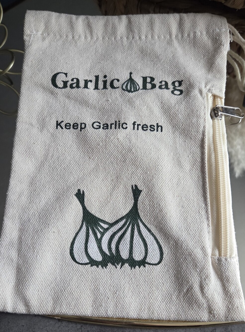 Garlic Bag Canvas Storage Pouch in Natural with Green Print